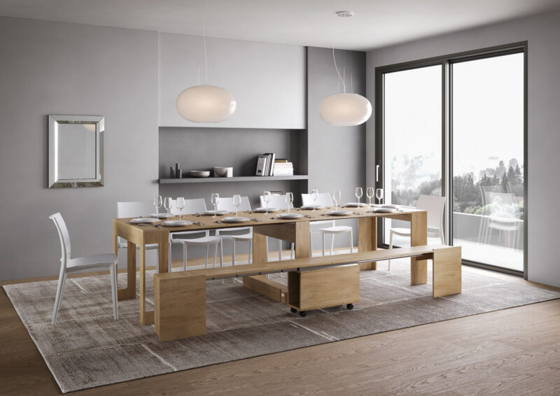 Consolle allungabile 90x42/302 cm Evolve quercia natura allunghe interne con panca inferiore - immagine 4