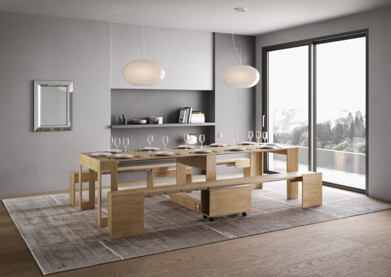 Consolle allungabile 90x42/302 cm Evolve quercia natura allunghe interne con panca inferiore e superiore - immagine 4
