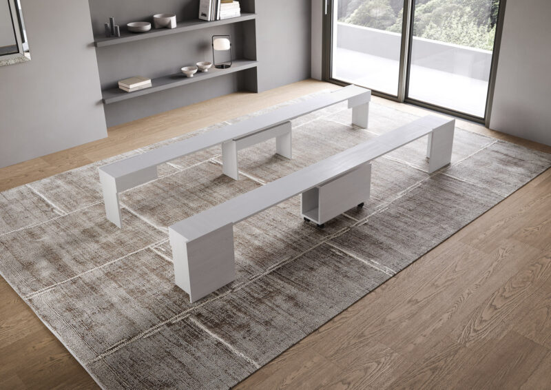 Consolle allungabile 90x42/302 cm Evolve bianco frassino allunghe interne con panca inferiore e superiore - immagine 7