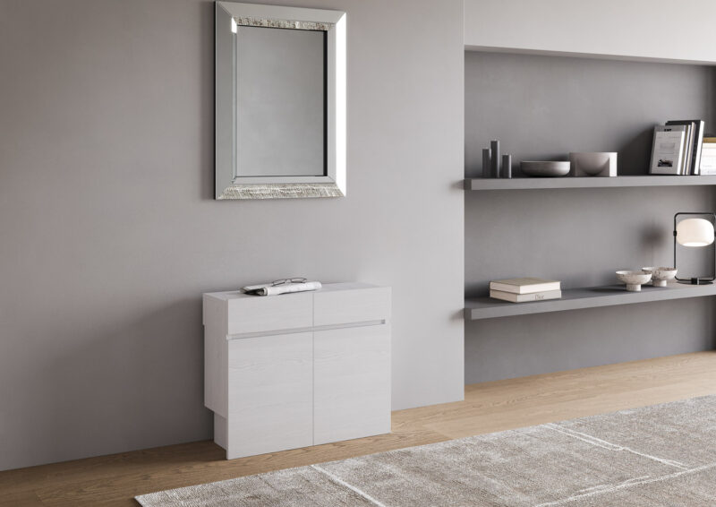 Consolle allungabile 90x42/302 cm Evolve bianco frassino allunghe interne con panca inferiore e superiore - immagine 6