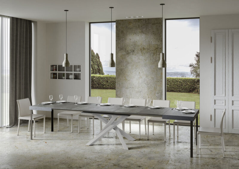 Tavolo allungabile 120/380x90 cm Volantis cemento gambe bianche - immagine 5