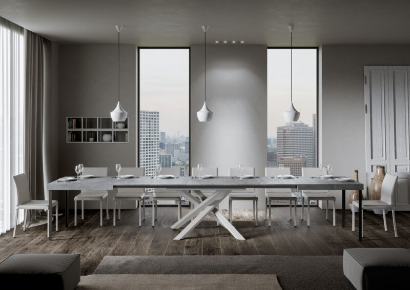 Tavolo allungabile 200/460x90 cm Volantis cemento gambe bianche - immagine 5