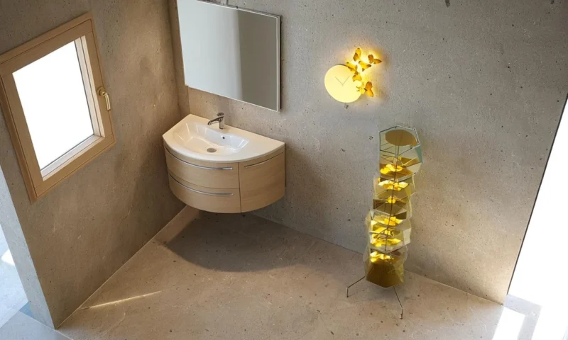 Arredo bagno moderno compatto con base curva e piano Top Jolly in Mineralguss.