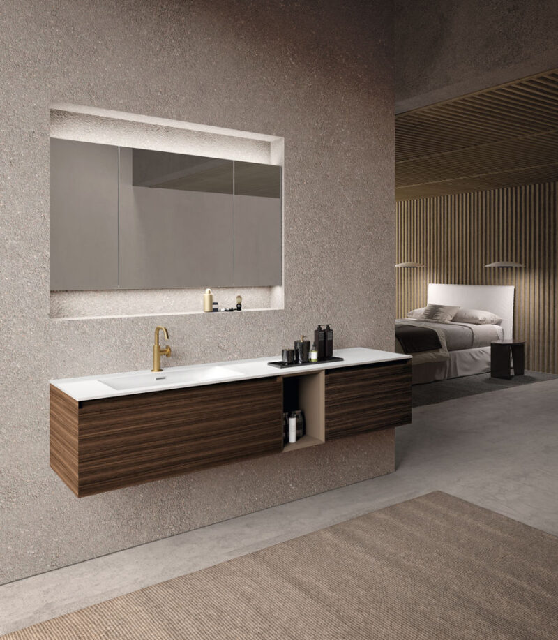 Mobile bagno in Tekorlux Composizione 317 var di Baxar Bagni, con finitura Eucalipto Lab Affumicato e top con vasca integrata.