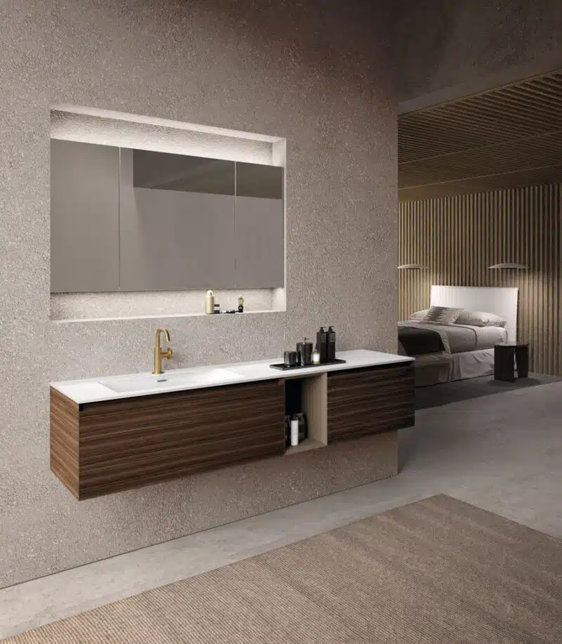 Mobile bagno in Tekorlux Composizione 317 var di Baxar Bagni, con finitura Eucalipto Lab Affumicato e top con vasca integrata.