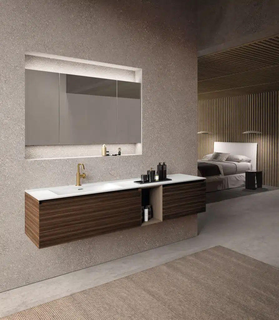 Mobile bagno in Tekorlux Composizione 317 var di Baxar Bagni, con finitura Eucalipto Lab Affumicato e top con vasca integrata.