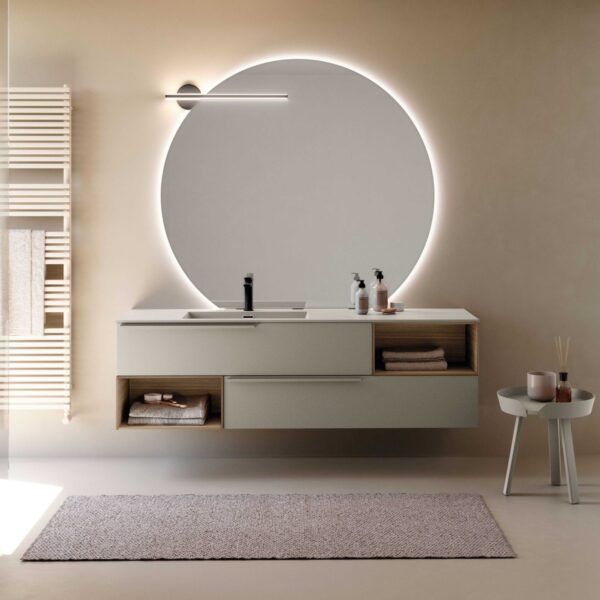 Mobile bagno minimalista Composizione 041 di Baxar Bagni, con finitura laccato Tortora opaco e top in Gelcolor Matt.