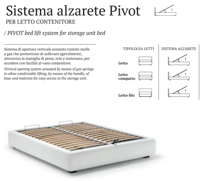 Base letto Samoa bianca, doghe in legno, sistema alzarete Pivot per letto contenitore.