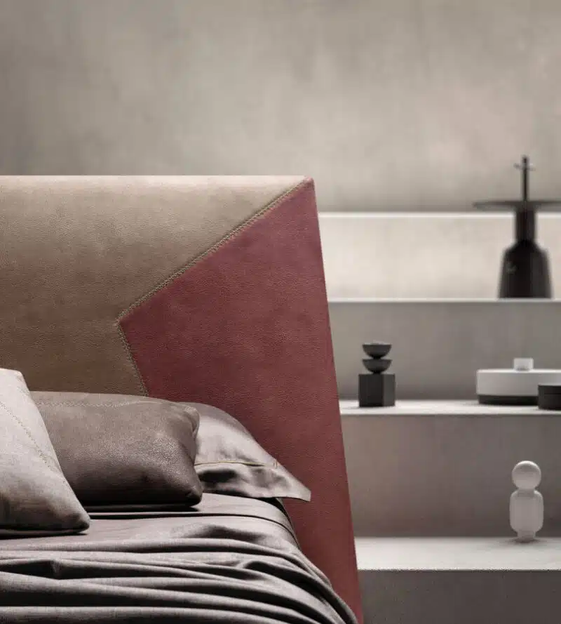 Testata letto Samoa JS in pelle marrone e bordeaux, design moderno Made in Italy.