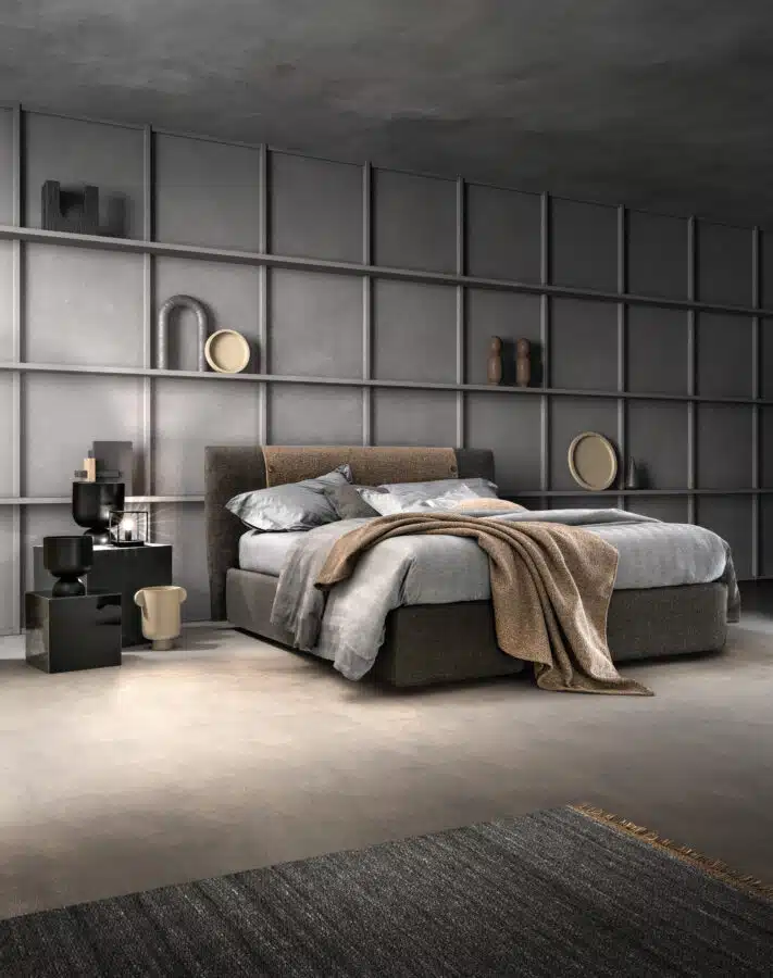 Letto Matrimoniale Samoa Button, tessuto beige: dettaglio cuciture accurate, qualità Made in Italy.