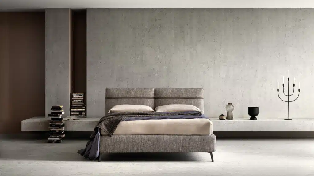 Letto matrimoniale Samoa Relaxed, design italiano, struttura in legno e tessuto, vista laterale