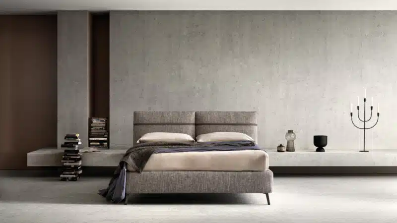 Letto matrimoniale Samoa Relaxed, design italiano, struttura in legno e tessuto, vista laterale