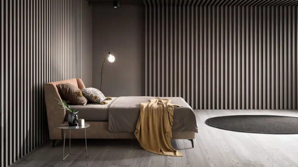 Letto Matrimoniale Samoa HUG in camera da letto moderna con comodini integrati, vista laterale