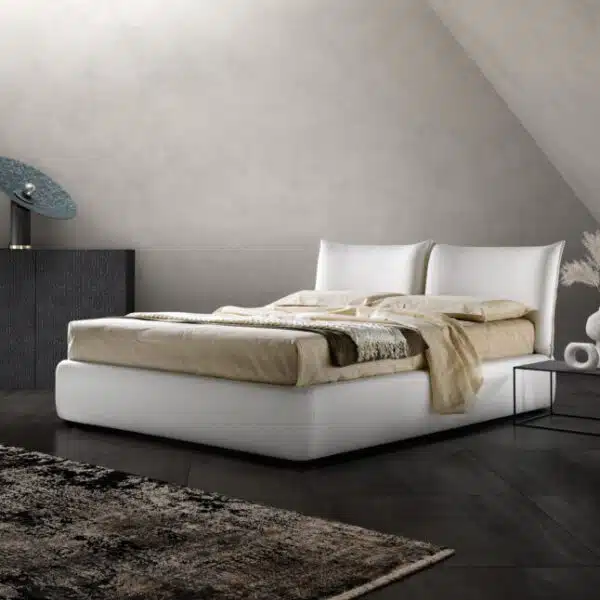 Letto Matrimoniale Samoa Zen: design moderno Made in Italy, vista frontale con testiera imbottita.