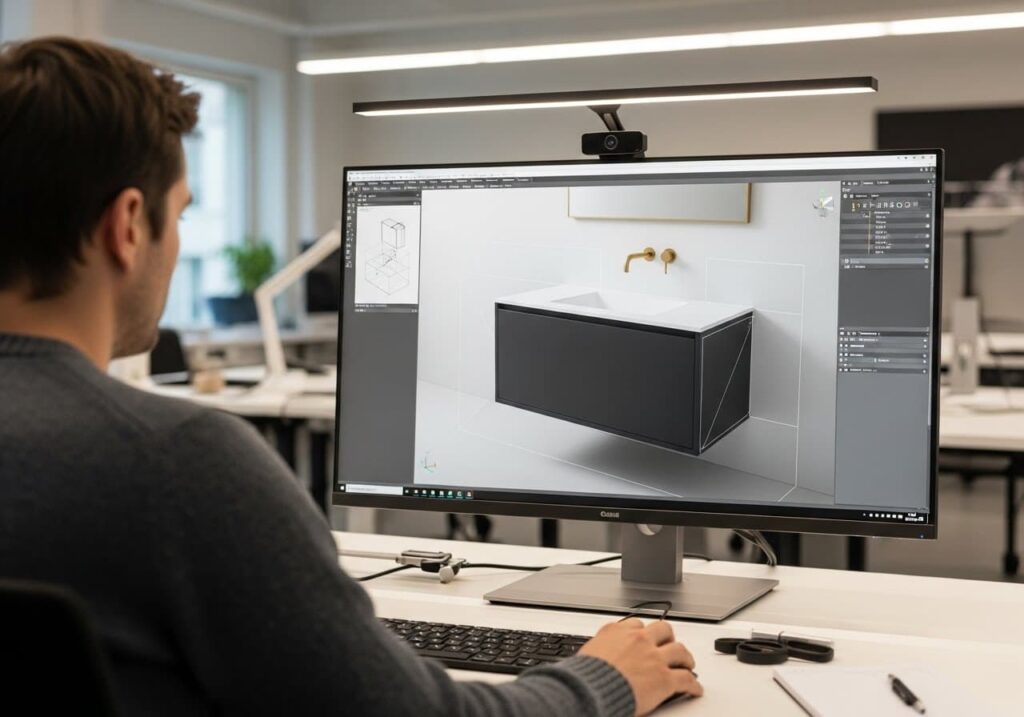 Designer lavora su render minimalista
