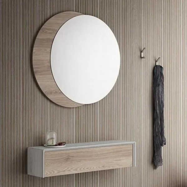 Specchio rotondo e mobile ingresso design moderno in legno chiaro con cassetto e ganci.