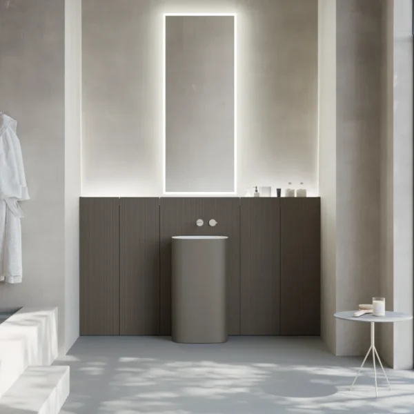 Mobile bagno grigio Baxar M3 Wally con lavabo freestanding e specchio. Design italiano moderno.