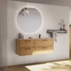 Mobile bagno sospeso moderno rovere con specchio rotondo retroilluminato. Arredo Compab TB06.