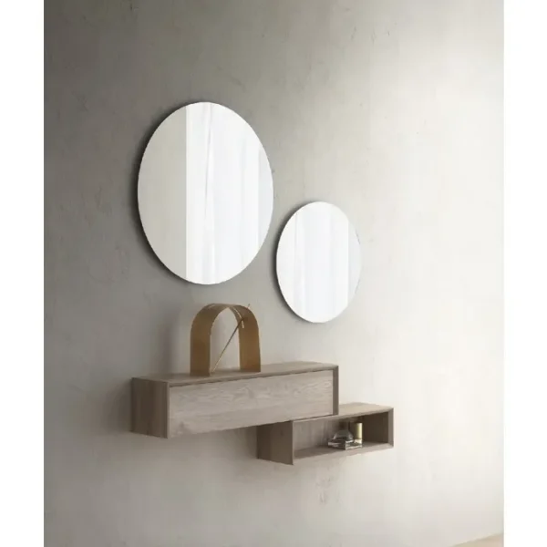 Mobile ingresso moderno legno chiaro con specchi rotondi, design minimale.