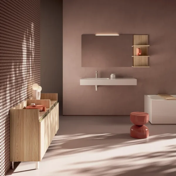 Mobile bagno moderno rosa/legno, Compab IP09. Design personalizzabile per arredo bagno.