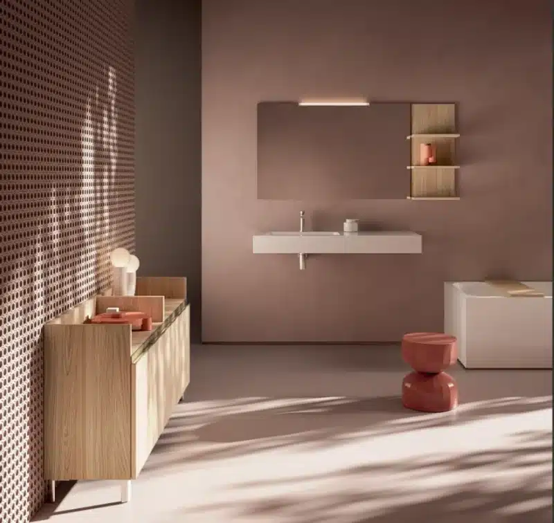 Mobile bagno moderno rosa/legno, Compab IP09. Design personalizzabile per arredo bagno.