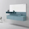 Mobile bagno Arcom Gold 04, design moderno blu pastello con lavabo integrato e specchio.