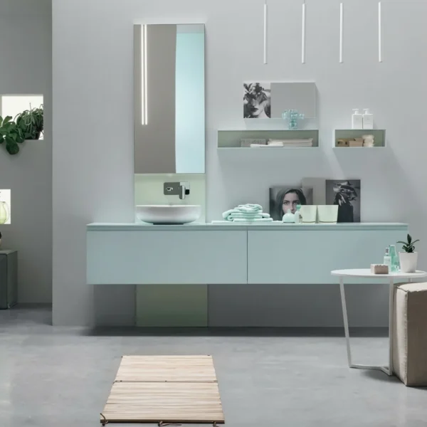 Mobile bagno moderno Arcom Soul 10 celeste con lavabo ceramica e specchio illuminato.