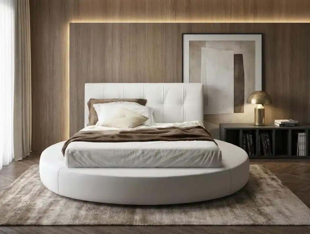 Letto matrimoniale rotondo moderno bianco in pelle, design Samoa Made in Italy