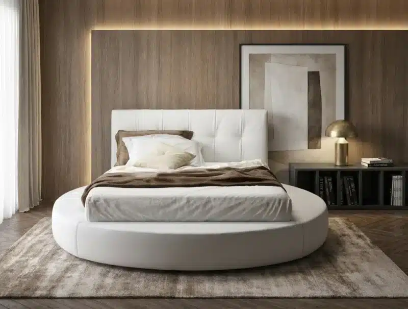 Letto matrimoniale rotondo moderno bianco in pelle, design Samoa Made in Italy