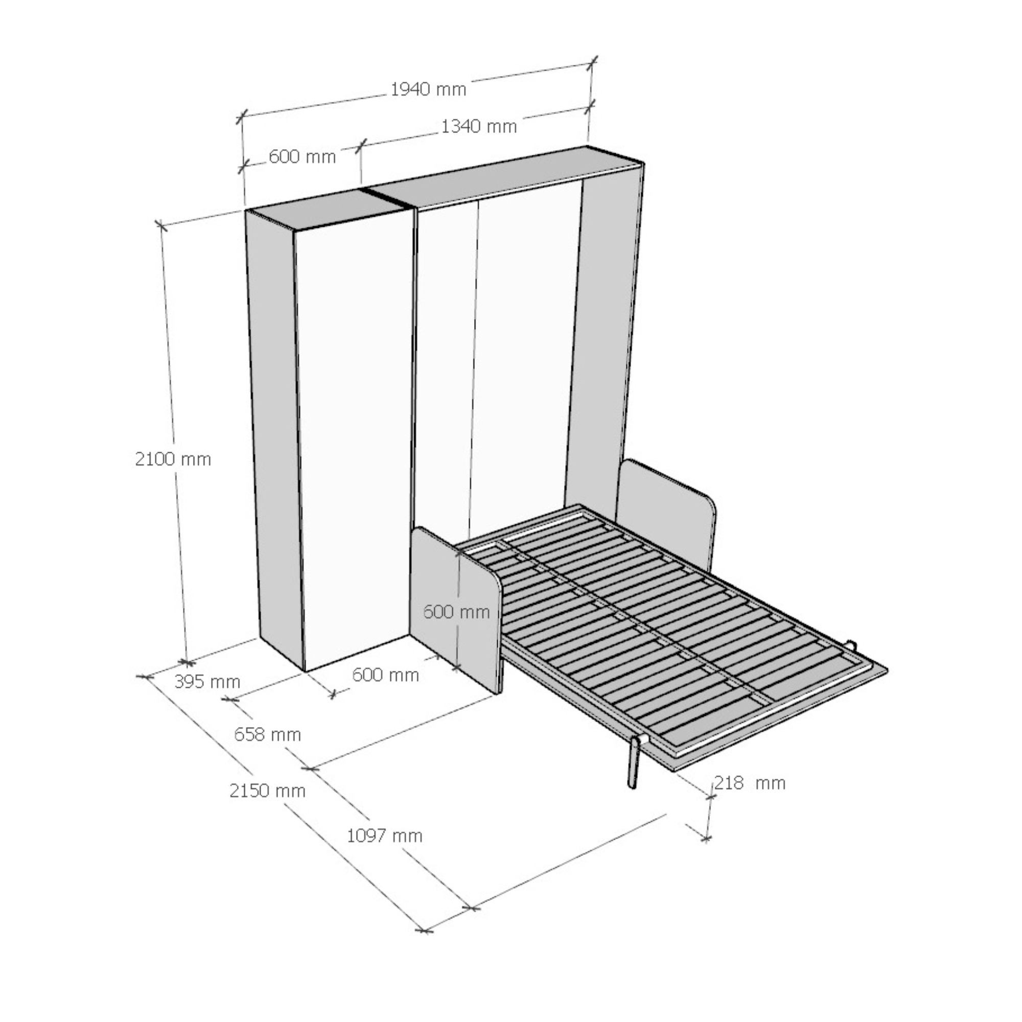 Letto una piazza e mezzo a scomparsa 120 Kentaro con divano e colonna noce, grigio L.193,6 P.105,2 H.210,5 cm (aperto P.215 cm) 4 Letto una piazza e mezzo a scomparsa 120 Kentaro con divano e colonna bianco frassino, grigio