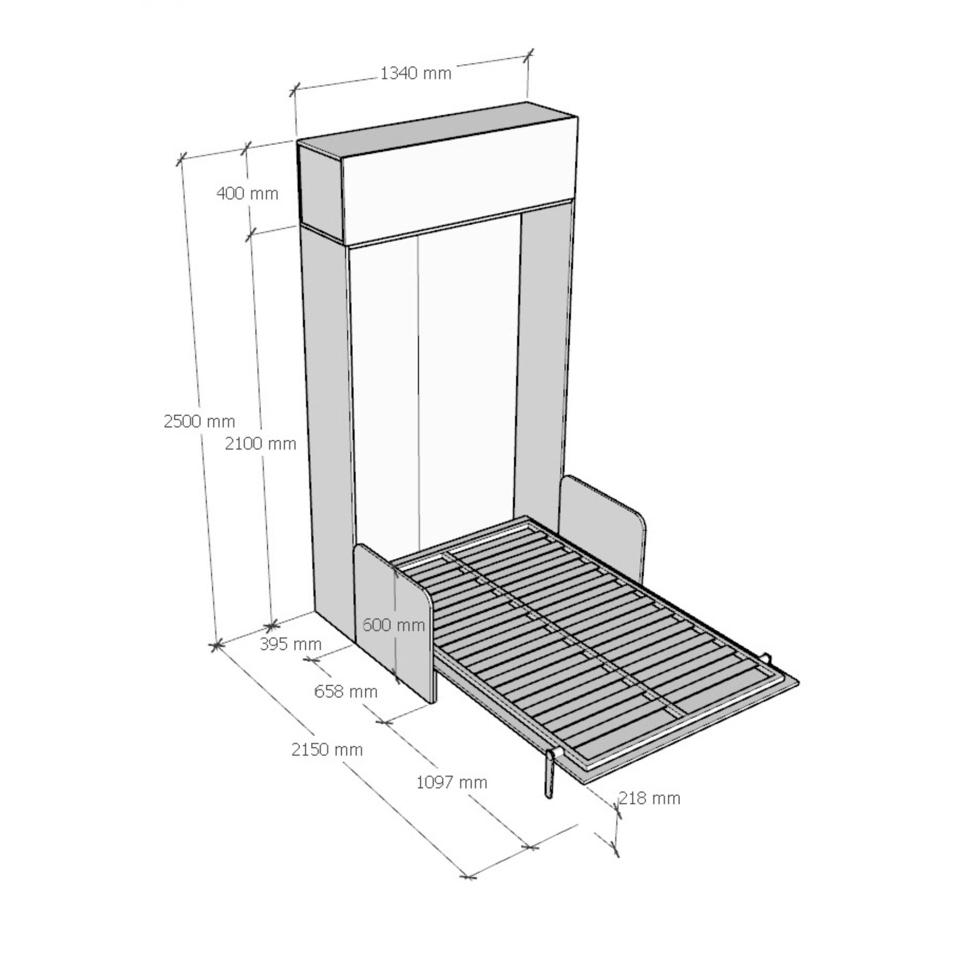 Letto una piazza e mezzo a scomparsa 120 Kentaro con divano e pensile noce, grigio L.133,6 P.105,2 H.250,5 cm (aperto P.215 cm) 4 Letto una piazza e mezzo a scomparsa 120 Kentaro con divano e pensile bianco frassino, grigio
