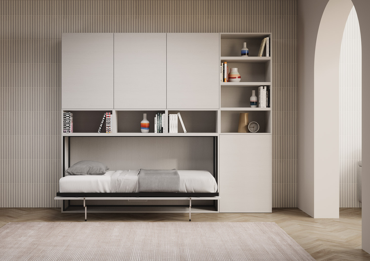 Letto singolo a scomparsa Kando comp.E con materasso bianco frassino L.266,5 P.39,2 H.226,7 cm (aperto P.106 cm) 3 Letto singolo a scomparsa Kando comp.E bianco frassino