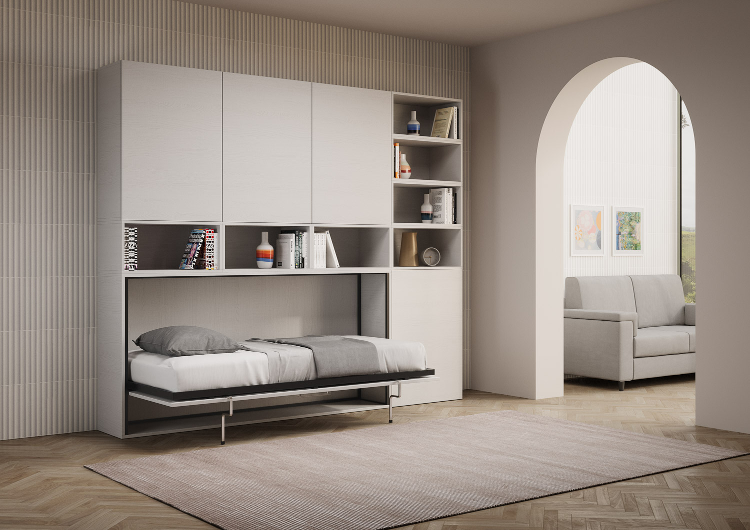 Letto singolo a scomparsa Kando comp.E con materasso bianco frassino L.266,5 P.39,2 H.226,7 cm (aperto P.106 cm) 6 Letto singolo a scomparsa Kando comp.E bianco frassino