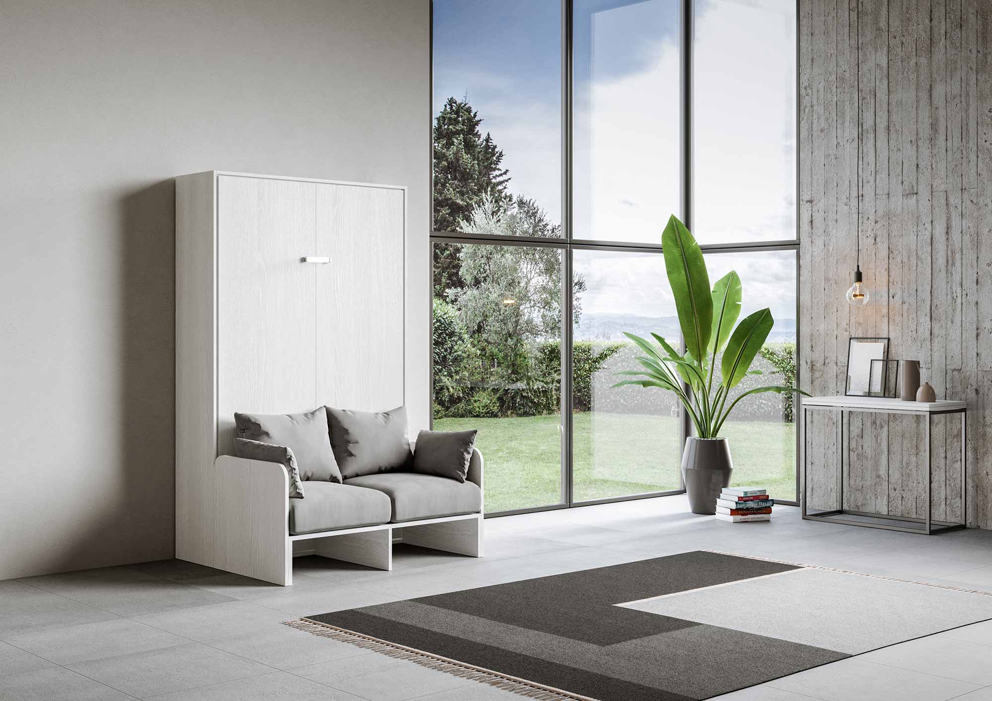Letto matrimoniale francese a scomparsa 140 Kentaro con divano bianco frassino, grigio L.153,6 P.105,2 H.210,5 cm (aperto P.215 cm) 1 Letto matrimoniale francese a scomparsa 140 Kentaro con divano bianco frassino, grigio