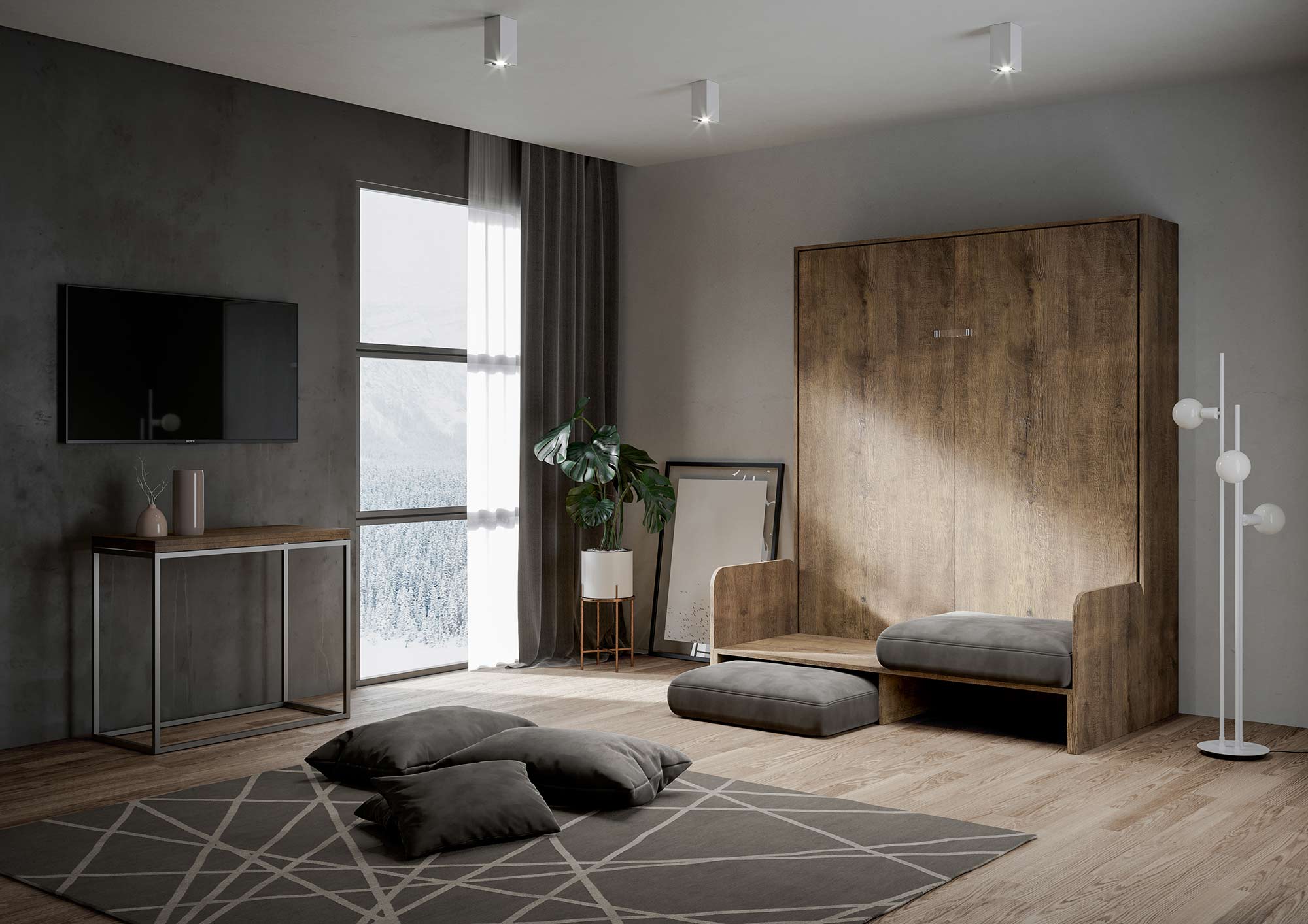 Letto matrimoniale a scomparsa 160 Kentaro con divano noce, grigio L.173,6 P.105,2 H.210,5 cm (aperto P.215 cm) 2 Letto matrimoniale a scomparsa 160 Kentaro con divano noce, grigio