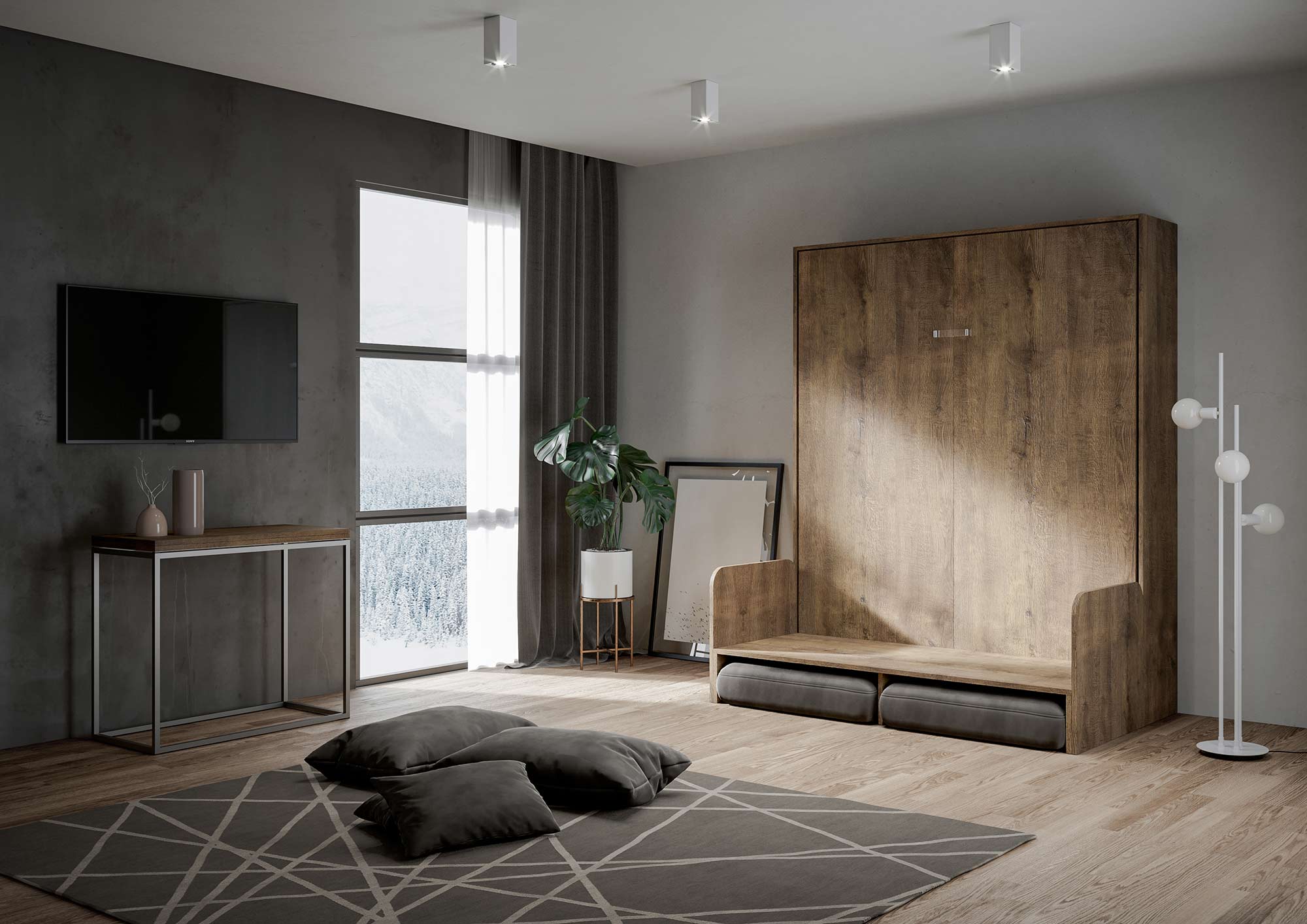 Letto matrimoniale a scomparsa 160 Kentaro con divano noce, grigio L.173,6 P.105,2 H.210,5 cm (aperto P.215 cm) 3 Letto matrimoniale a scomparsa 160 Kentaro con divano noce, grigio