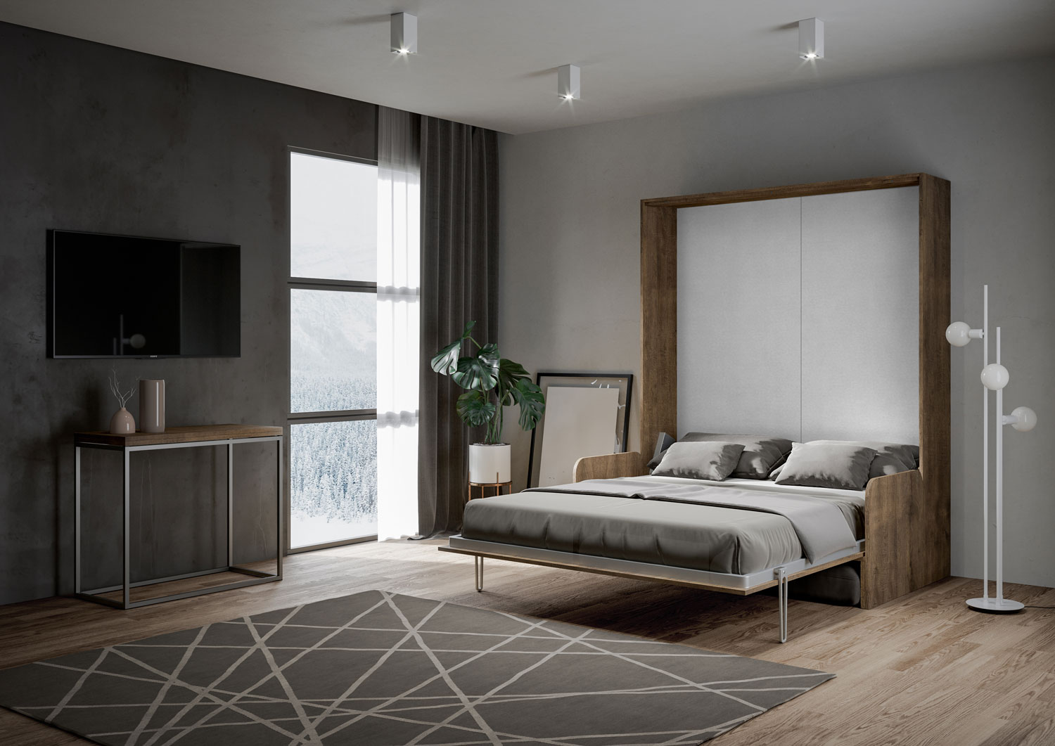 Letto matrimoniale a scomparsa 160 Kentaro con divano noce, grigio L.173,6 P.105,2 H.210,5 cm (aperto P.215 cm) 4 Letto matrimoniale a scomparsa 160 Kentaro con divano noce, grigio