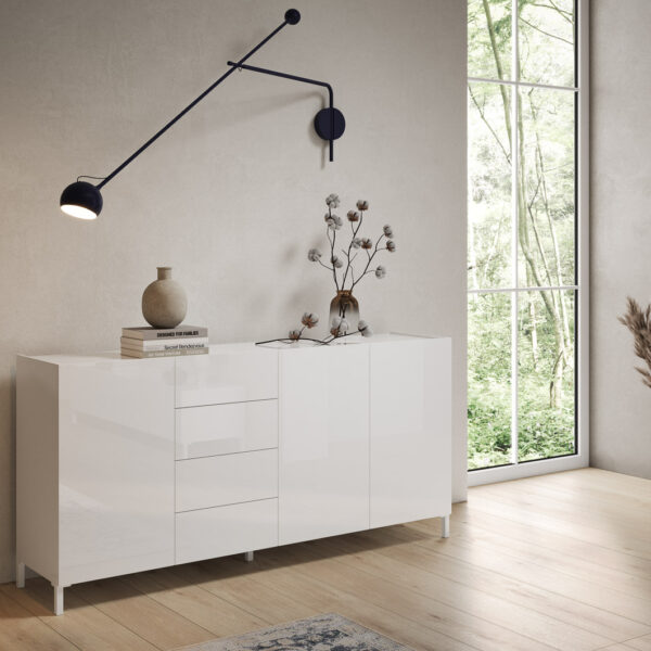 Madia moderna 3 ante/4 cassetti 174x40x84 cm Solaria bianco lucido
