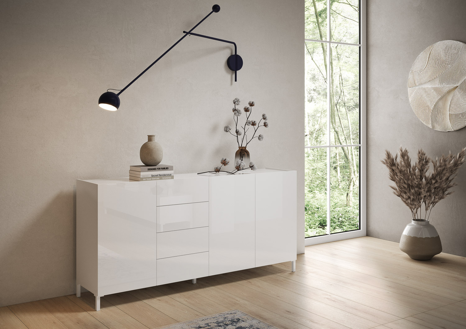 Madia moderna 3 ante/4 cassetti 174x40x84 cm Solaria bianco lucido 1 Madia moderna 3 ante/4 cassetti 174x40x84 cm Solaria bianco lucido