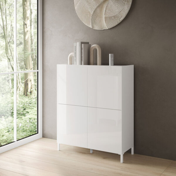 Credenza alta moderna 4 ante 90x35x110 cm Solaria bianco lucido
