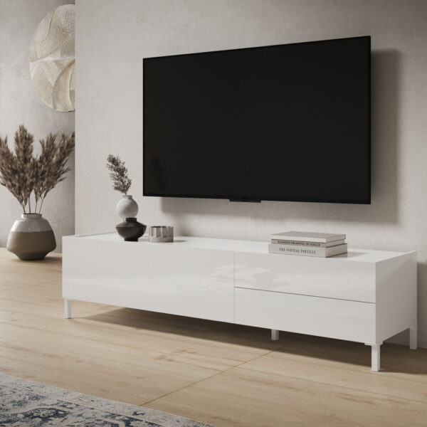 Porta TV moderno 1 ribalta/2 cassetti 160x42x40 cm Solaria bianco lucido