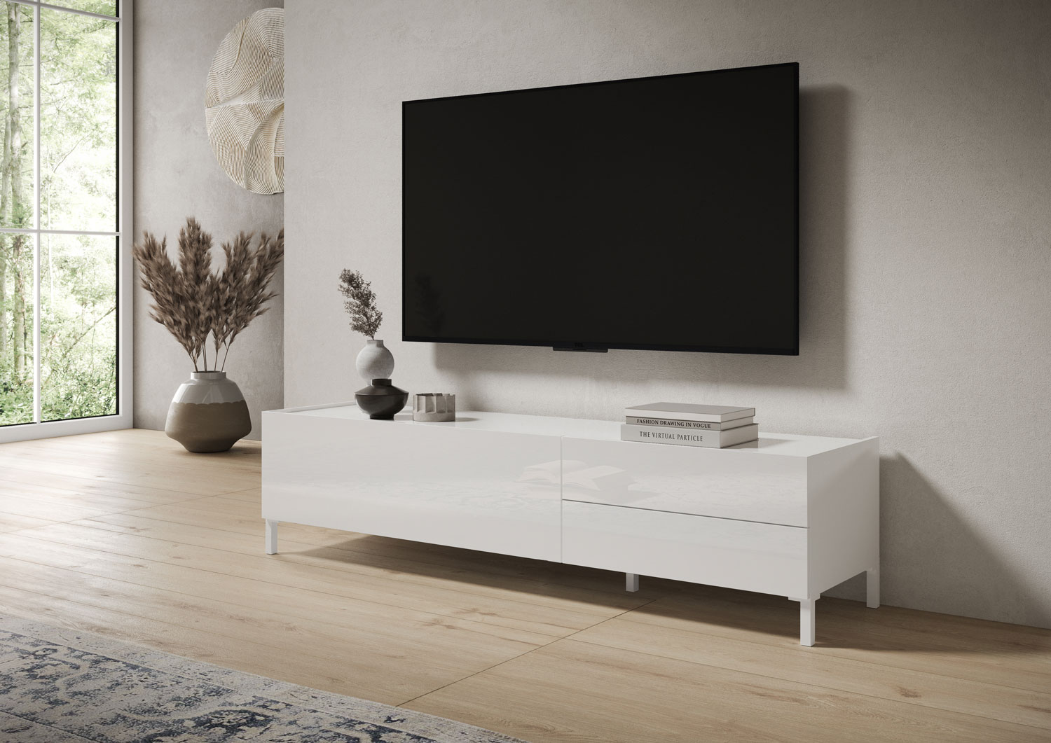 Porta TV moderno 1 ribalta/2 cassetti 160x42x40 cm Solaria bianco lucido 1 Porta TV moderno 1 ribalta/2 cassetti 160x42x40 cm Solaria bianco lucido