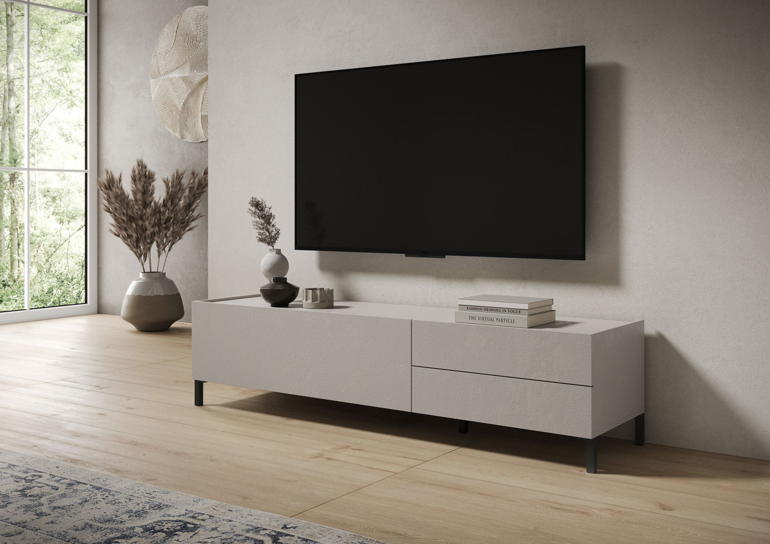 Porta TV moderno 1 ribalta/2 cassetti 160x42x40 cm Solaria cashmere 1 Porta TV moderno 1 ribalta/2 cassetti 160x42x40 cm Solaria cashmere