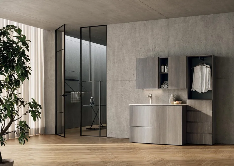 Lavanderia LG003 - Composizione Luxury Compab L 131+60 x P 71/37 cm 1 Composizione lavanderia LG003 Compab, finitura di design, mobile lavanderia moderno su misura
