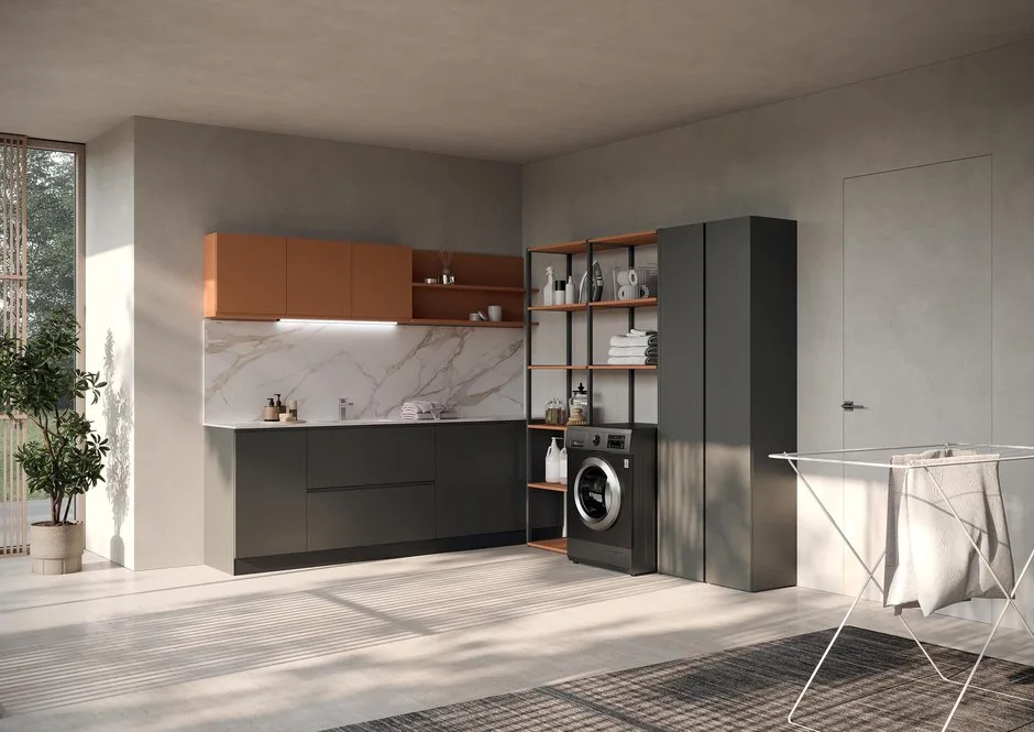 Lavanderia LG007 - Composizione Luxury Compab L 240,5+258,5 x P 51/37/20,8 cm 1 Composizione lavanderia LG007 Compab, finitura di design, mobile lavanderia moderno su misura