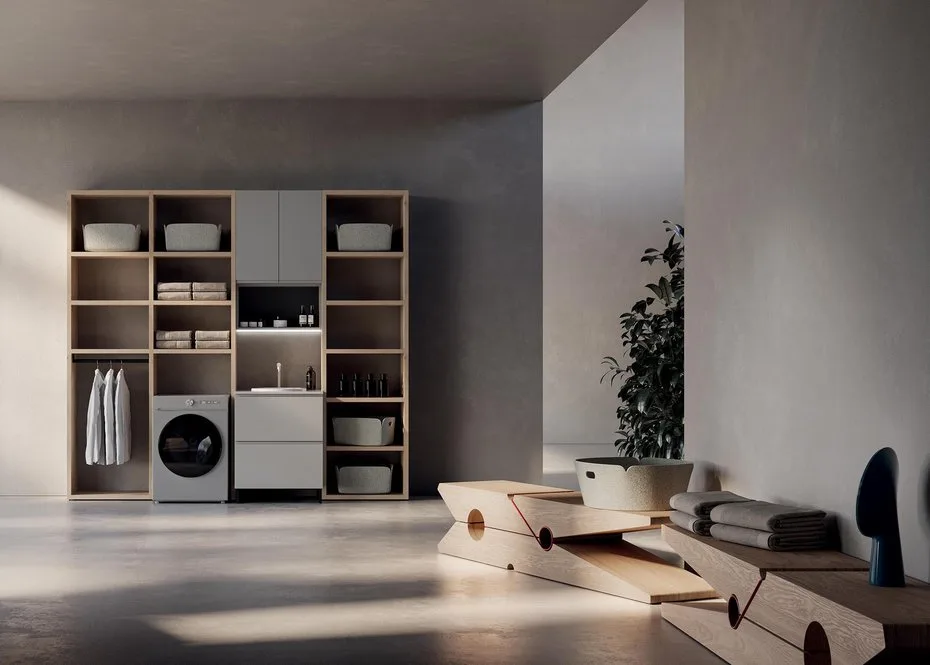 Lavanderia LG011 - Composizione Luxury Compab L 276,5 x P 63/38/20,8 cm 1 Composizione lavanderia LG011 Compab, finitura di design, mobile lavanderia moderno su misura