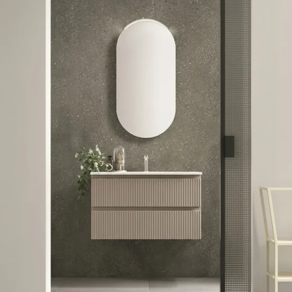 Mobile bagno cannettato 80 cm sospeso maniglia J laccato tortora con specchiera ovale Petalo Arcom Minimal COMP 12