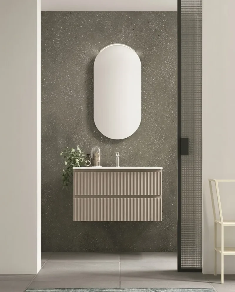 Mobile bagno cannettato 80 cm sospeso maniglia J laccato tortora con specchiera ovale Petalo Arcom Minimal COMP 12