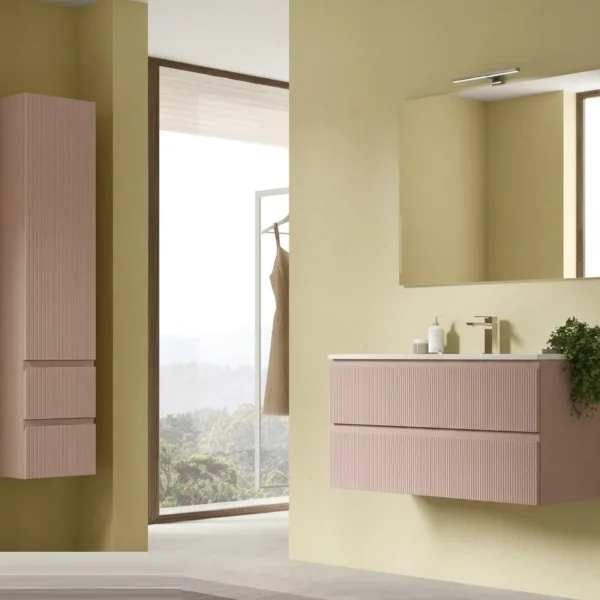 Mobile bagno cannettato 90 cm sospeso laccato rosa cipria con specchiera e colonna coordinata Arcom Minimal COMP 14