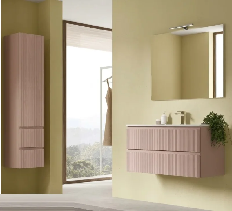 Mobile bagno cannettato 90 cm sospeso laccato rosa cipria con specchiera e colonna coordinata Arcom Minimal COMP 14